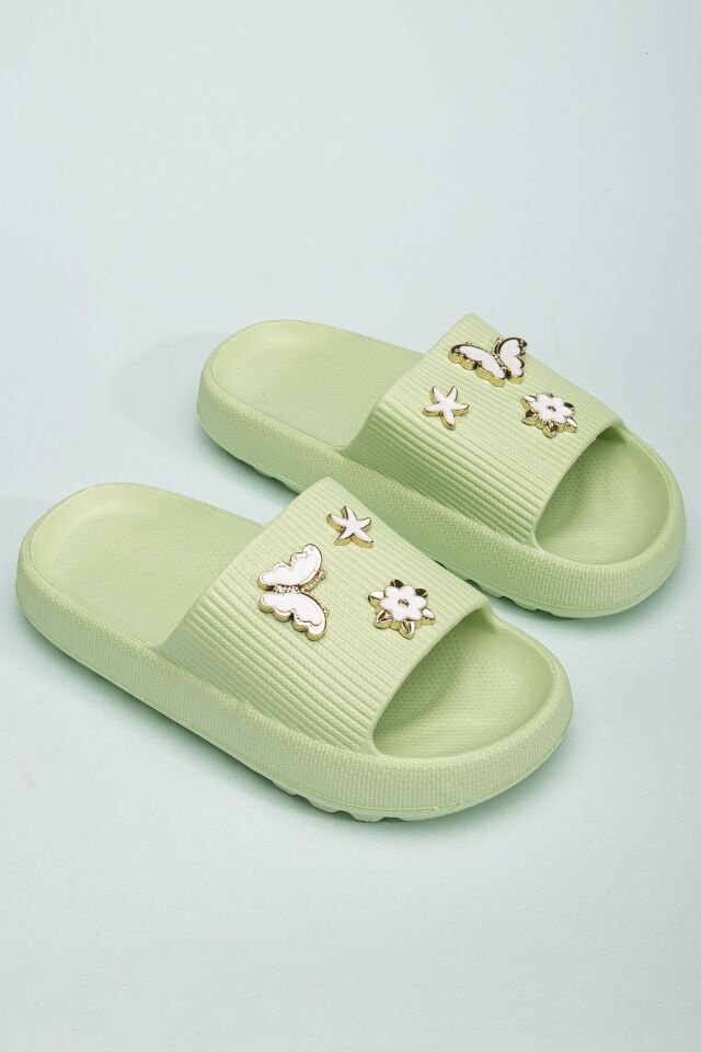 Kids Kız Çocuk Soelite Meyveli Platform Yumuşak Yazlık Deniz Havuz Bahçe Dışarı Terlik YEŞİL TAŞLI - 28-29