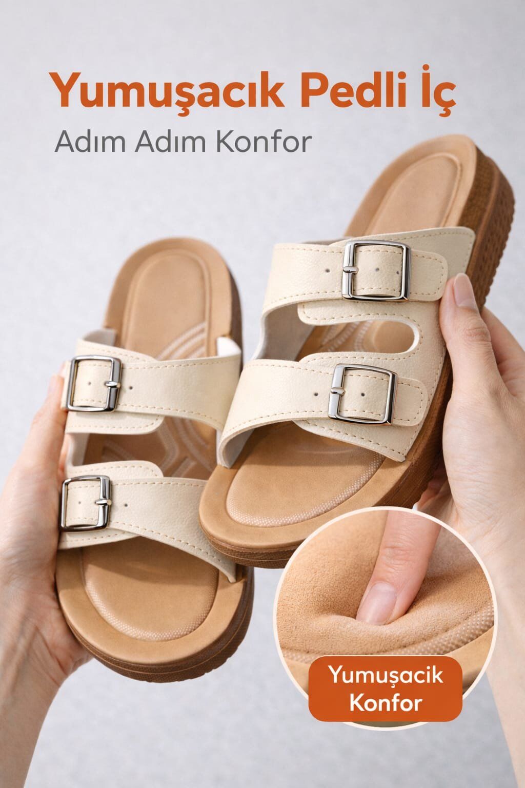 Kadın Ultra Yumuşak Soft Taban Dolgu Topuk Ortopedik İçi Pedli Günlük Anne Terliği KREM ÇİFT TOKA - 40