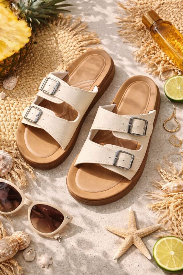 Kadın Ultra Yumuşak Soft Taban Dolgu Topuk Ortopedik İçi Pedli Günlük Anne Terliği KREM ÇİFT TOKA - 40