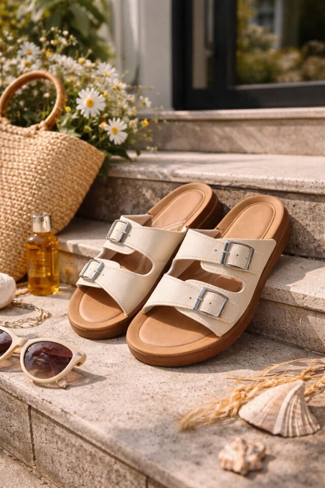 Kadın Ultra Yumuşak Soft Taban Dolgu Topuk Ortopedik İçi Pedli Günlük Anne Terliği KREM ÇİFT TOKA - 40