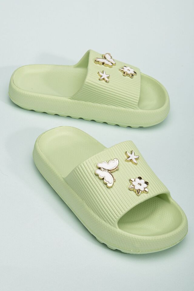 Kids Kız Çocuk Soelite Meyveli Platform Yumuşak Yazlık Deniz Havuz Bahçe Dışarı Terlik YEŞİL TAŞLI - 32-33