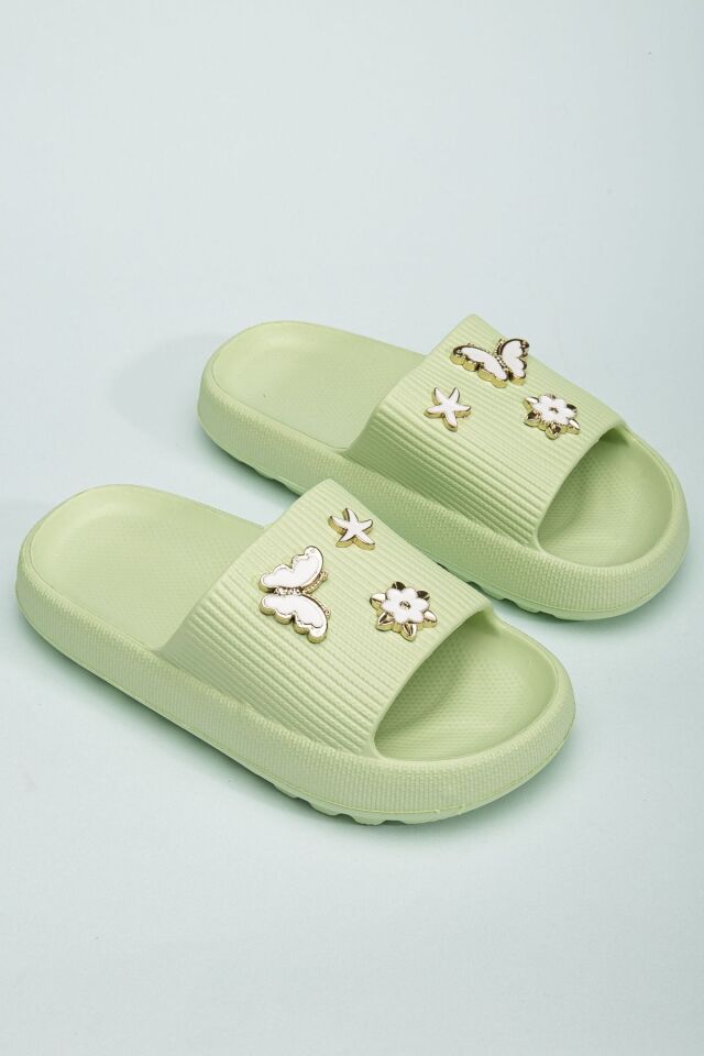 Kids Kız Çocuk Soelite Meyveli Platform Yumuşak Yazlık Deniz Havuz Bahçe Dışarı Terlik YEŞİL TAŞLI - 32-33