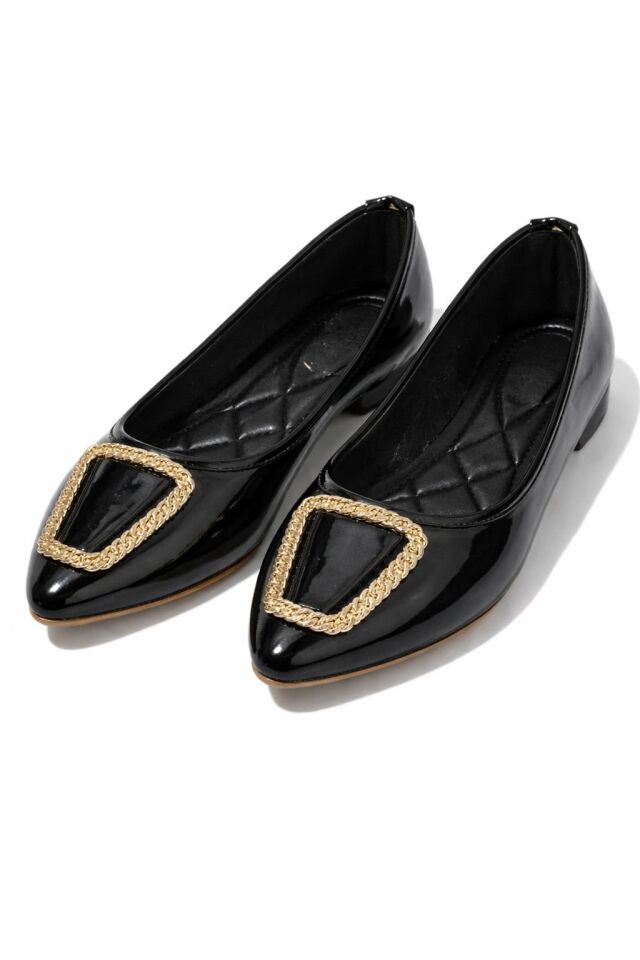 Kadın Gold Aksesuarlı Şık Parlak Günlük  Babet SİYAH - 40