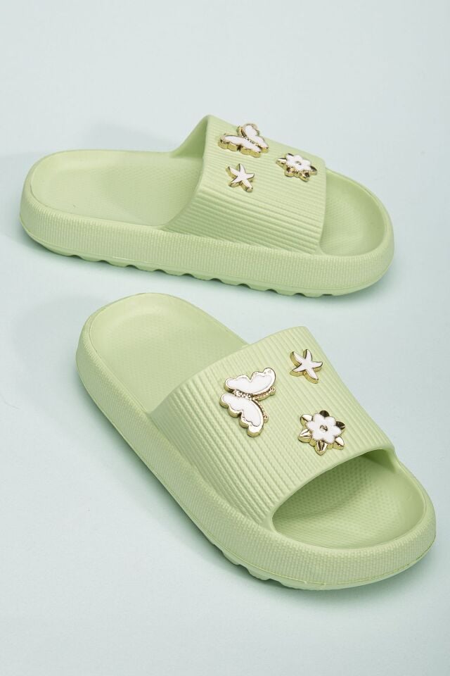 Kids Kız Çocuk Soelite Meyveli Platform Yumuşak Yazlık Deniz Havuz Bahçe Dışarı Terlik YEŞİL TAŞLI - 32-33