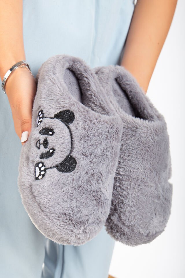 Kadın Ev Terliği Peluş Terlik Çeyiz ve Bohça Terliği Ses Yapmaz Kalın Taban PANDA GRİ - 40