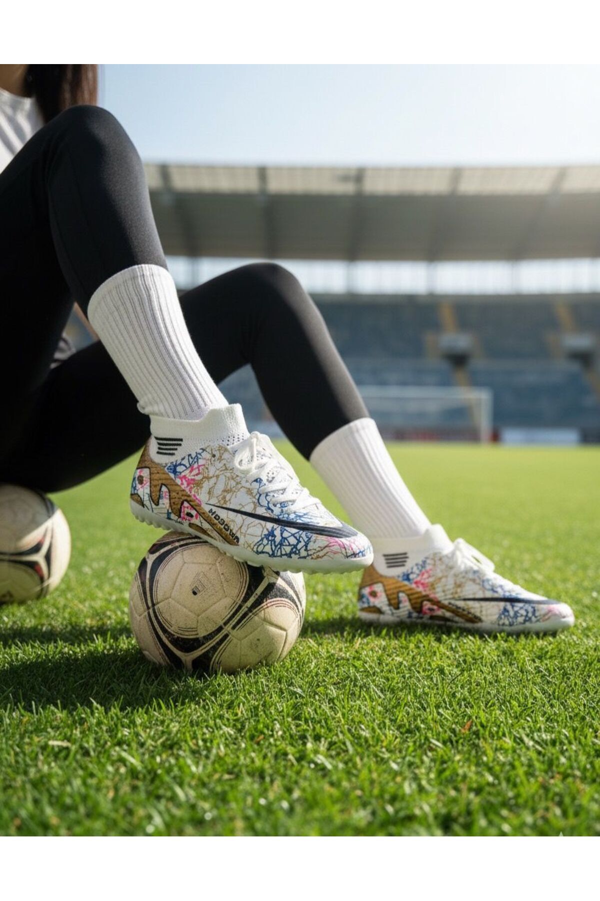 Çoraplı Çim Ve Halı Saha Futbol Ayakkabısı BEYAZ-ALTIN - 42