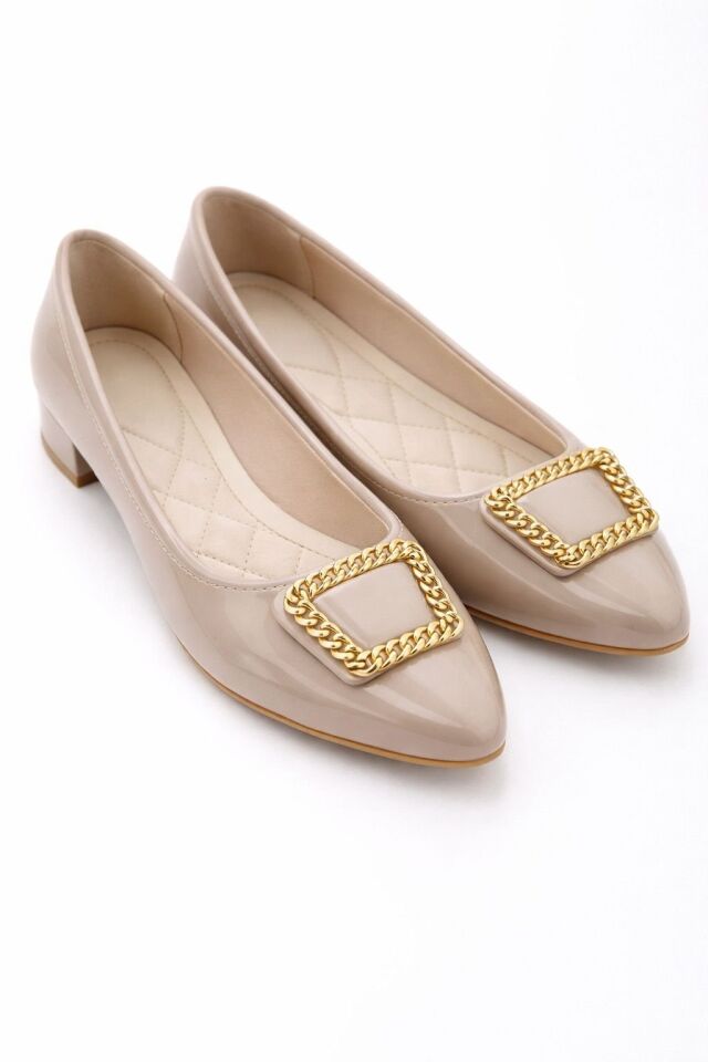 Kadın Gold Aksesuarlı Şık Parlak Günlük  Babet VİZON - 40