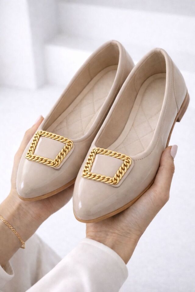 Kadın Gold Aksesuarlı Şık Parlak Günlük  Babet VİZON - 40