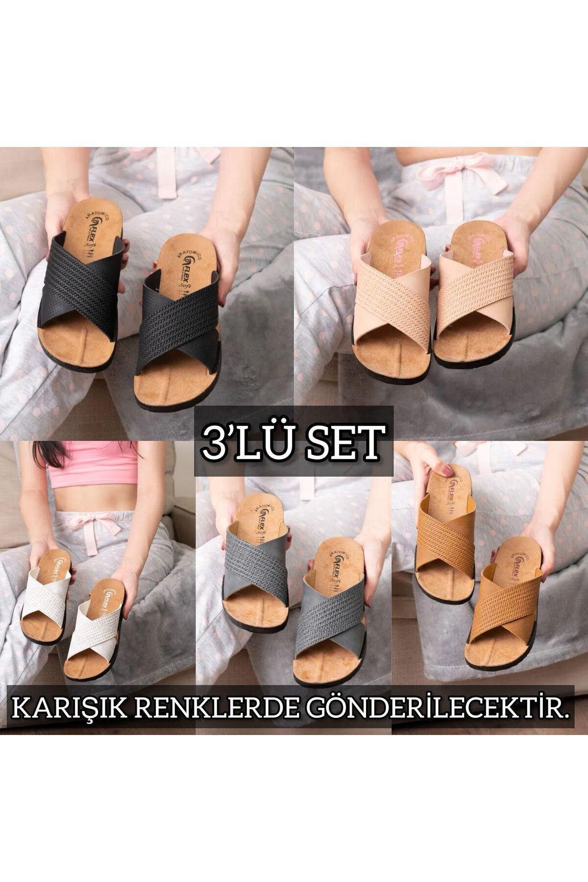 3'lü Kadın Kaymaz Sokak Plaj Banyo Yazlık Gündelik Terlik