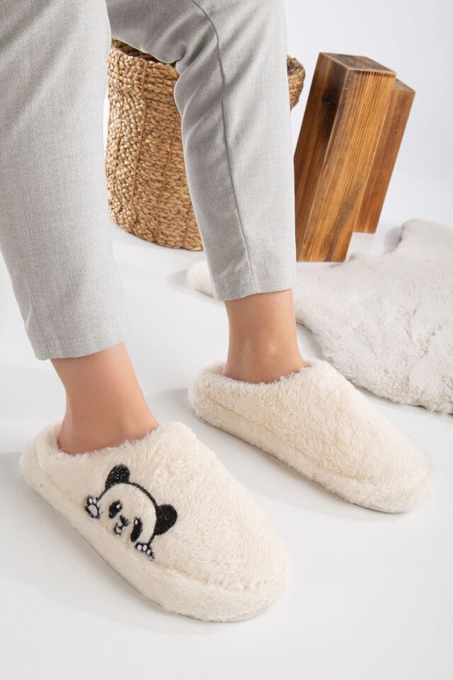 Kadın Ev Terliği Peluş Terlik Çeyiz ve Bohça Terliği Ses Yapmaz Kalın Taban PANDA KREM - 37