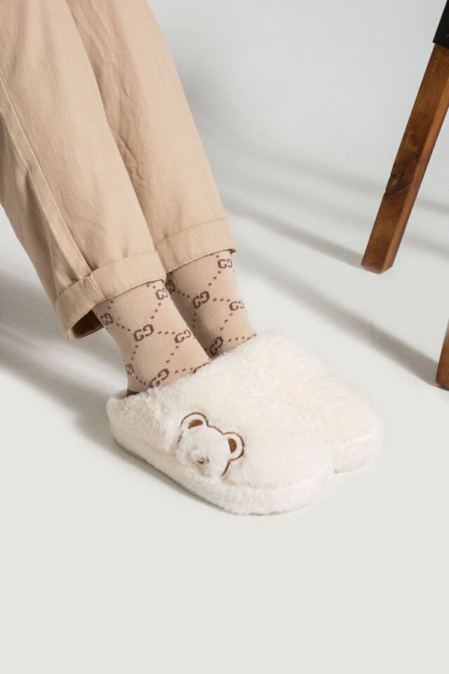 Kadın Ev Terliği Peluş Terlik Çeyiz ve Bohça Terliği Ses Yapmaz Kalın Taban KREM - 40