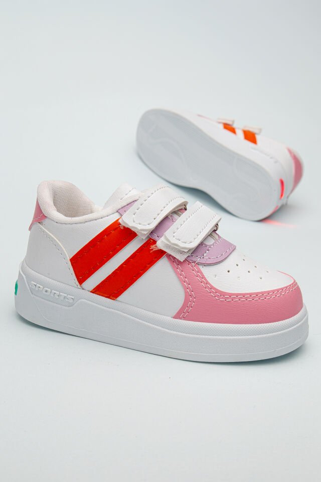 Kids Rahat Unisex Bebek Cırt Cırtlı Işıklı Çocuk Sneaker -Spor Ayakkabı BEYAZ-TURUNCU - 27