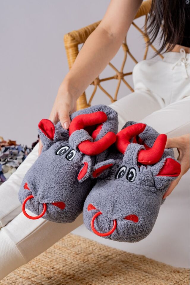 2'li Unisex Hayvanlı Panduf Ev Ayakkabısı Ses Yapmaz Taban İKİLİ BOĞA - 44-45