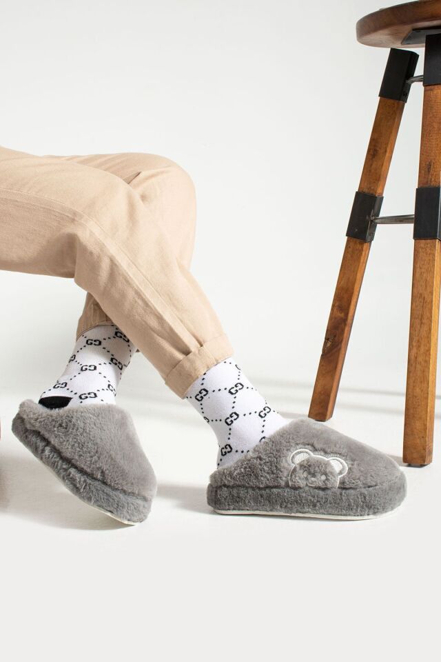 Kadın Ev Terliği Peluş Terlik Çeyiz ve Bohça Terliği Ses Yapmaz Kalın Taban GRİ - 37