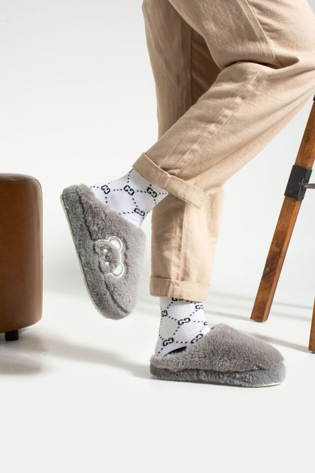 Kadın Ev Terliği Peluş Terlik Çeyiz ve Bohça Terliği Ses Yapmaz Kalın Taban GRİ - 37