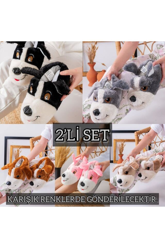 2'li Unisex Hayvanlı Panduf Ev Ayakkabısı Ses Yapmaz Taban İKİLİ KÖPEK - 42-44