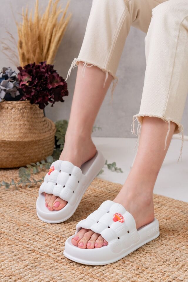 Kadın Lüks Hafif Ve Yüksek Taban Kaymaz Sticker Desenli Günlük Plaj Deniz Havuz Banyo Terliği jel BEYAZ - 38