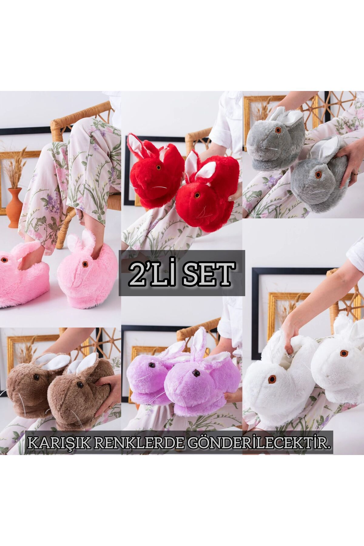 2'li Unisex Hayvanlı Panduf Ev Ayakkabısı Ses Yapmaz Taban İKİLİ TAVŞAN - 36-38