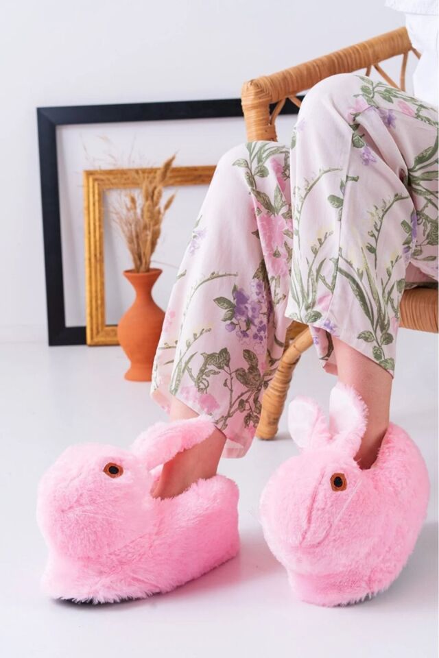 2'li Unisex Hayvanlı Panduf Ev Ayakkabısı Ses Yapmaz Taban İKİLİ TAVŞAN - 36-38