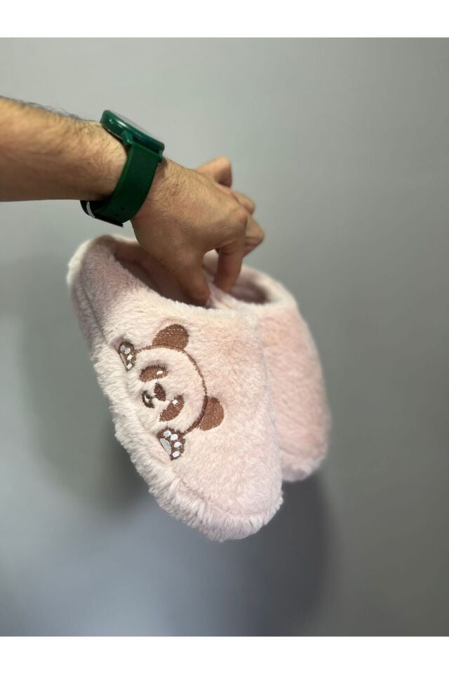 Kadın Panda Figürlü Ev Terliği Peluş Terlik Çeyiz Ve Bohça Terliği Ses Yapmaz Kalın Taban PUDRA - 38-39