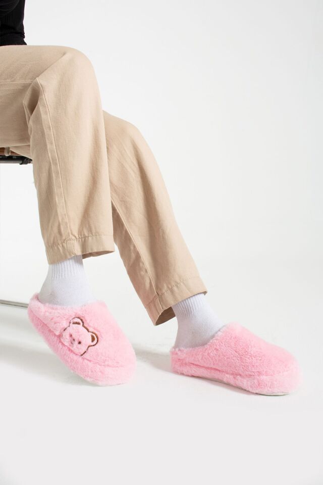 Kadın Ev Terliği Peluş Terlik Çeyiz ve Bohça Terliği Ses Yapmaz Kalın Taban PUDRA - 40