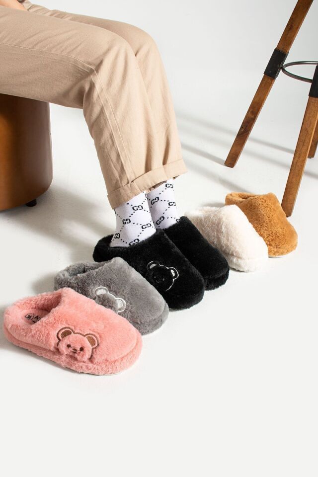 Kadın Ev Terliği Peluş Terlik Çeyiz ve Bohça Terliği Ses Yapmaz Kalın Taban PUDRA - 40