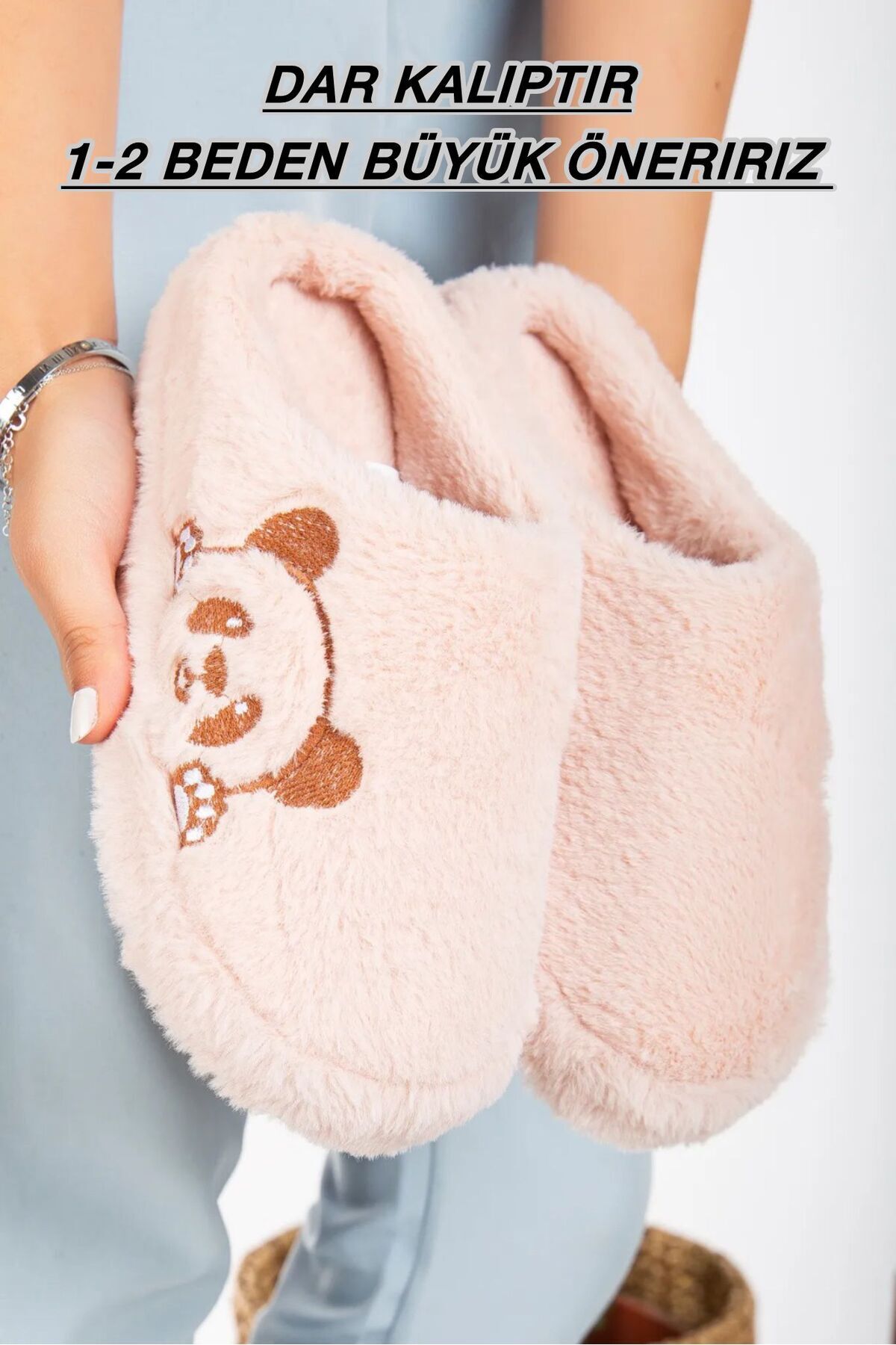 Kadın Ev Terliği Peluş Terlik Çeyiz ve Bohça Terliği Ses Yapmaz Kalın Taban PANDA PUDRA - 37