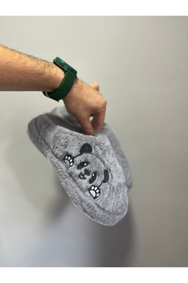 Kadın Panda Figürlü Ev Terliği Peluş Terlik Çeyiz Ve Bohça Terliği Ses Yapmaz Kalın Taban GRİ - 36-37