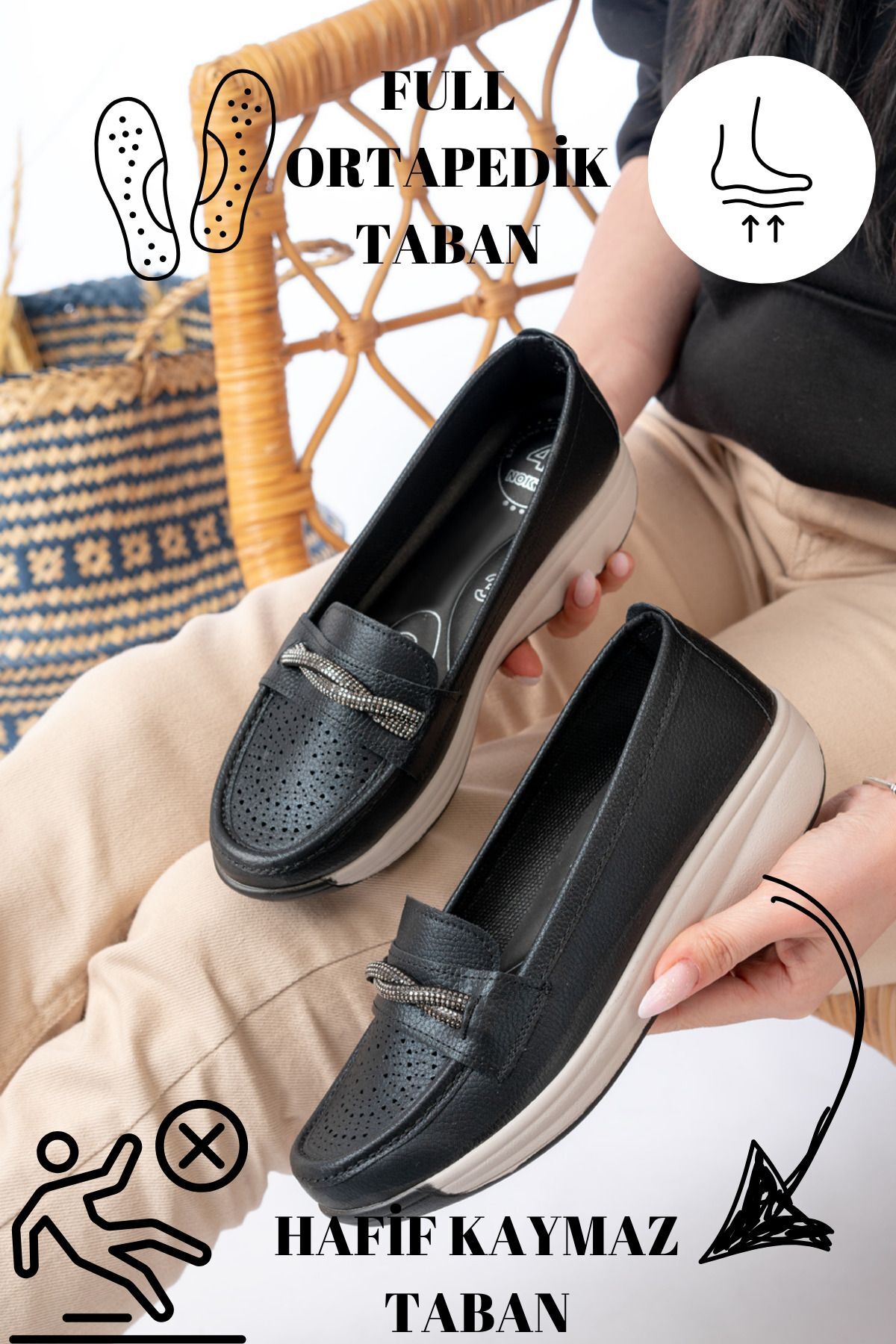 Kadın Anne Ortopedik Terletmez Kaymaz Rahat  Ayakkabı Babet SİYAH - 41