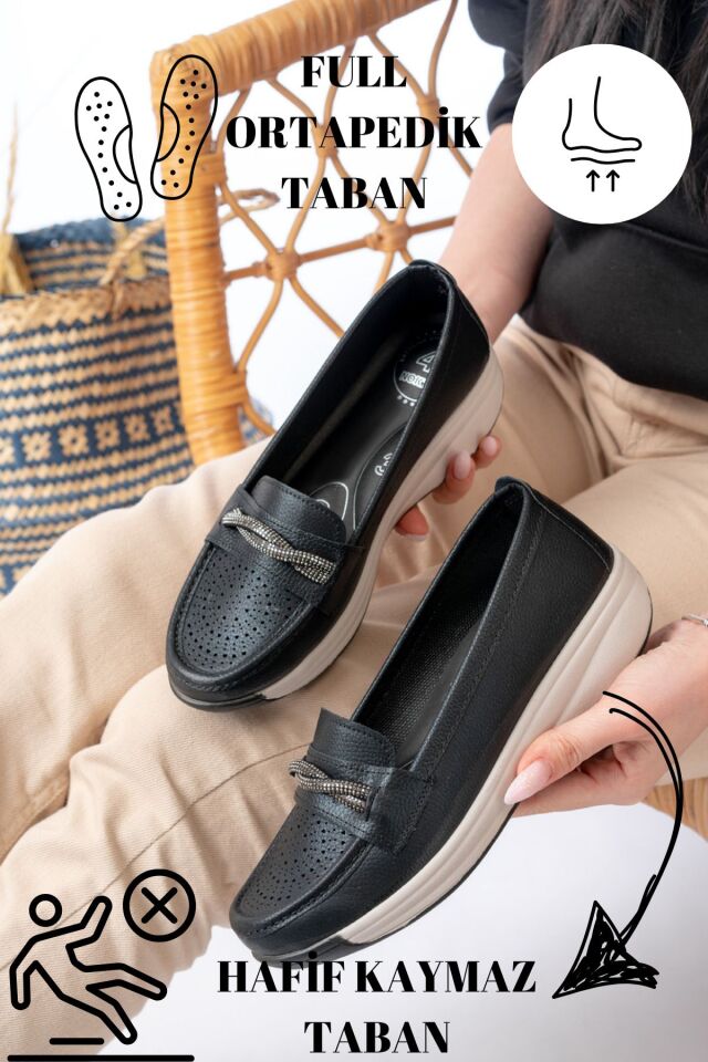 Kadın Anne Ortopedik Terletmez Kaymaz Rahat  Ayakkabı Babet SİYAH - 41