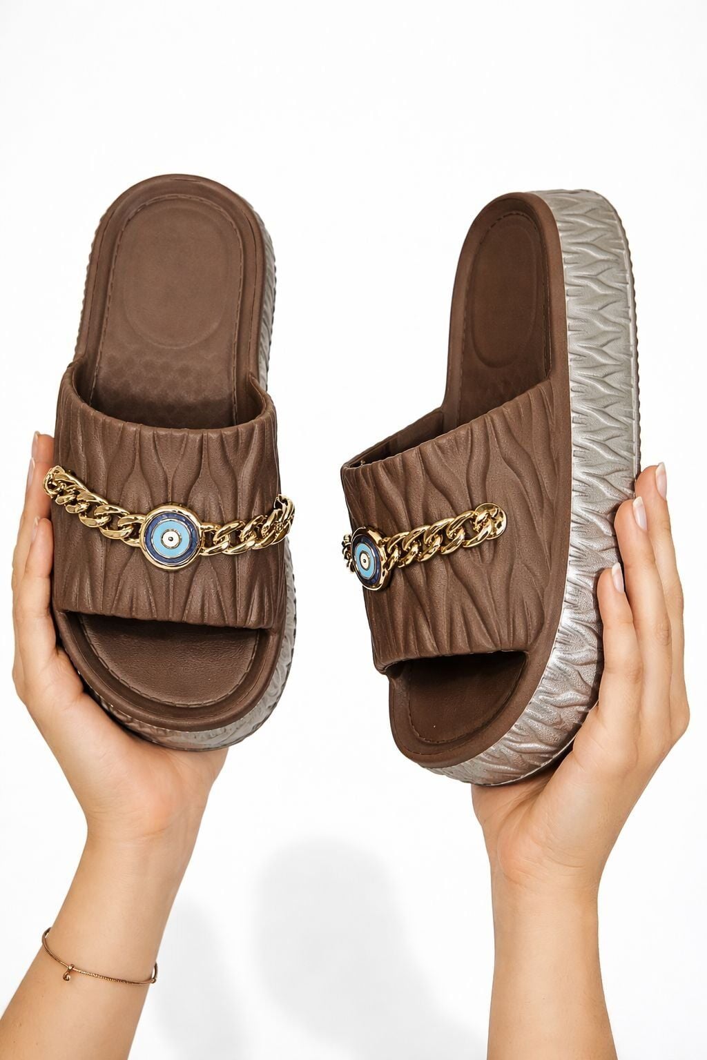 Nazar Zincir Detaylı Platform Kalın Taban Gold Zincirli Günlük Kadın Terlik KAHVERENGİ - 40