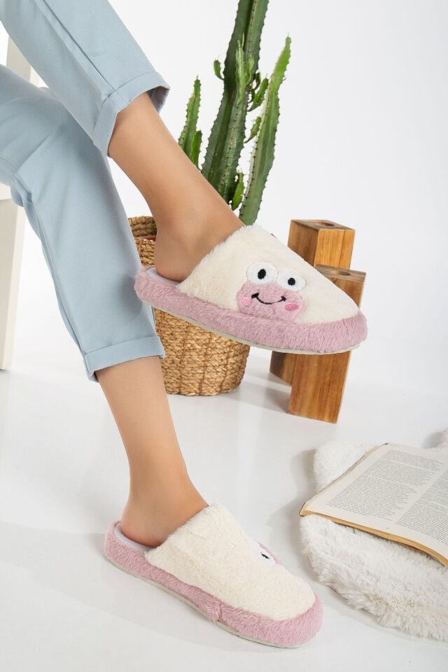 Kadın Kurbağa Figürlü Sessiz Taban Peluş Ev Terliği KREM-LİLA - 40-41