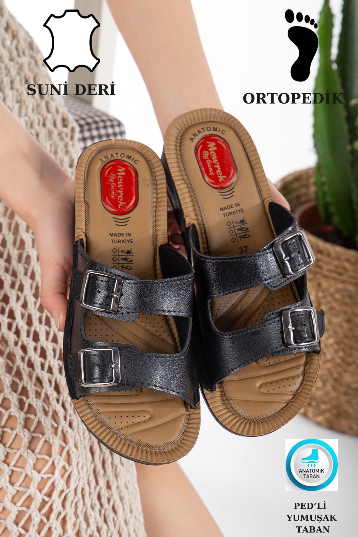 Kadın Ultra Yumuşak Soft Taban Dolgu Topuk Ortopedik İçi Pedli Günlük Anne Terliği ÇİFT TOKA SİYAH - 38
