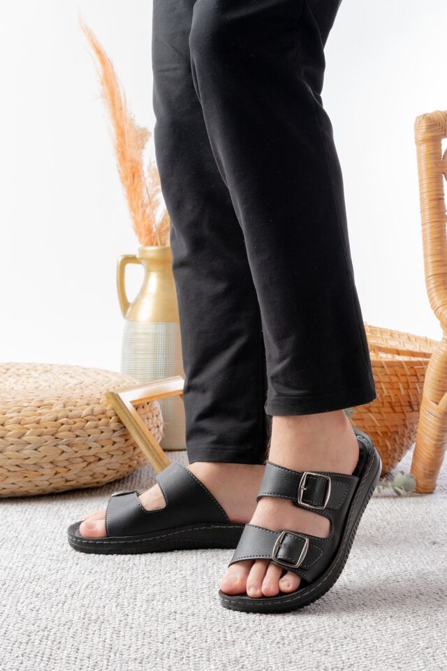 Günlük Rahat Anatomik Yumuşak Taban Şık Tokalı Erkek Dış Mekan Terlik SİYAH - 42