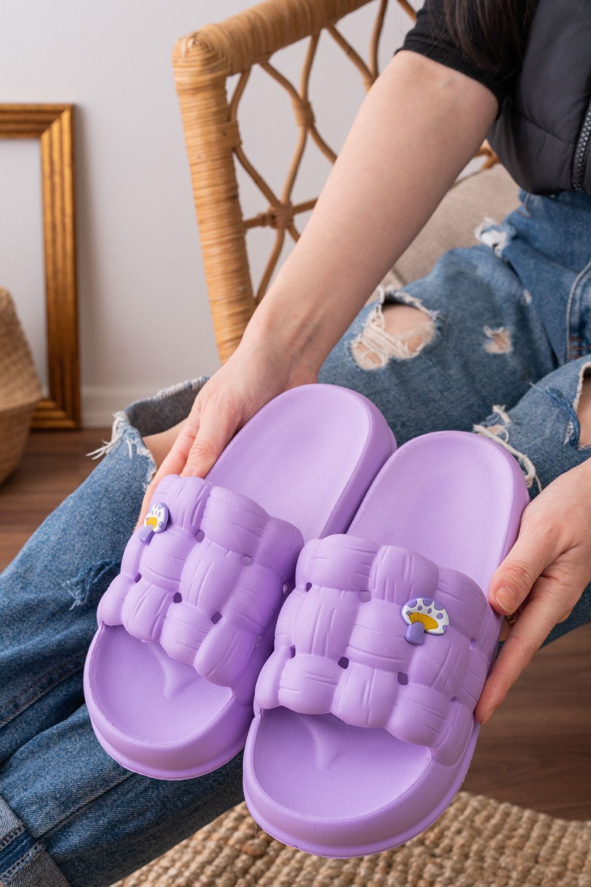 Kadın Lüks Hafif Ve Yüksek Taban Kaymaz Sticker Desenli Günlük Plaj Deniz Havuz Banyo Terliği jel MOR - 40