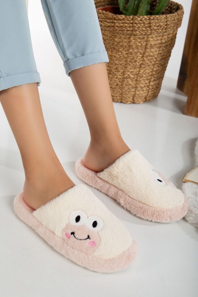 Kadın Kurbağa Figürlü Sessiz Taban Peluş Ev Terliği KREM-PUDRA - 40