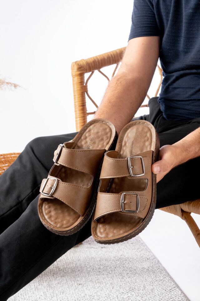 Günlük Rahat Anatomik Yumuşak Taban Şık Tokalı Erkek Dış Mekan Terlik VİZON - 42