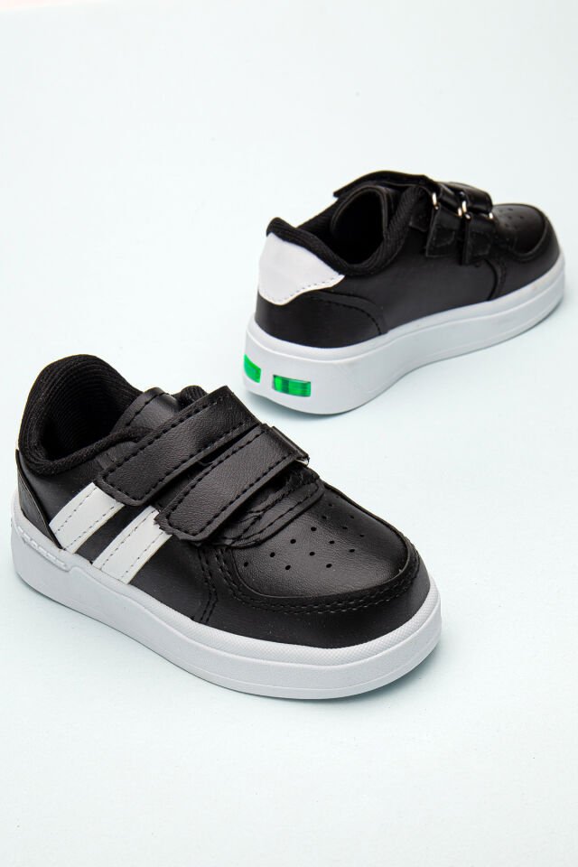 Kids Rahat Unisex Bebek Cırt Cırtlı Işıklı Çocuk Sneaker -Spor Ayakkabı SİYAH-BEYAZ - 26