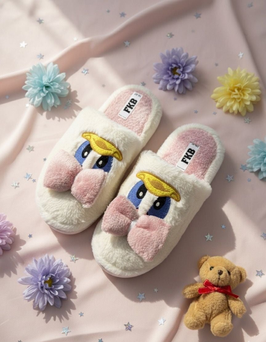 Sevimli Fiyonklu Duffy Ördek Figürlü Nakış İşlemeli Ses Yapmaz Kaymaz Tabanlı Ev Terliği PUDRA - 38-39