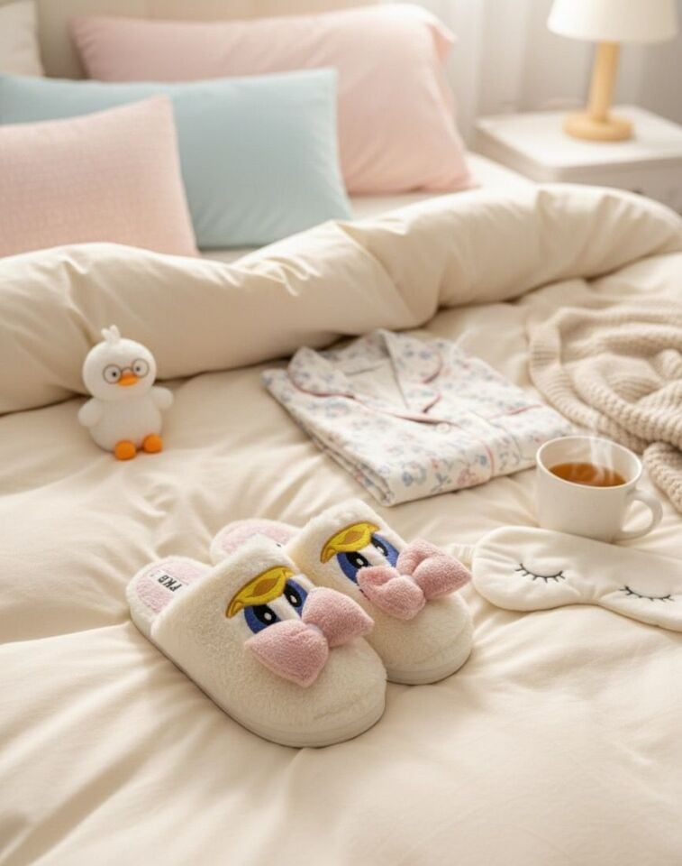 Sevimli Fiyonklu Duffy Ördek Figürlü Nakış İşlemeli Ses Yapmaz Kaymaz Tabanlı Ev Terliği PUDRA - 38-39