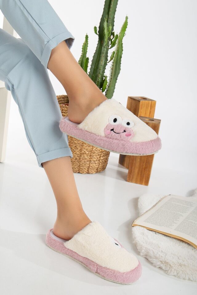 Kadın Kurbağa Figürlü Sessiz Taban Peluş Ev Terliği KREM-LİLA - 38-39
