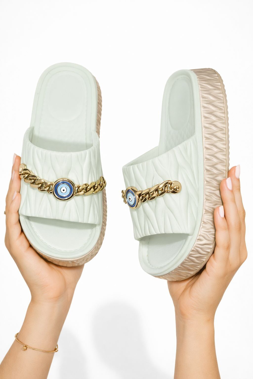 Nazar Zincir Detaylı Platform Kalın Taban Gold Zincirli Günlük Kadın Terlik SU YEŞİLİ - 40