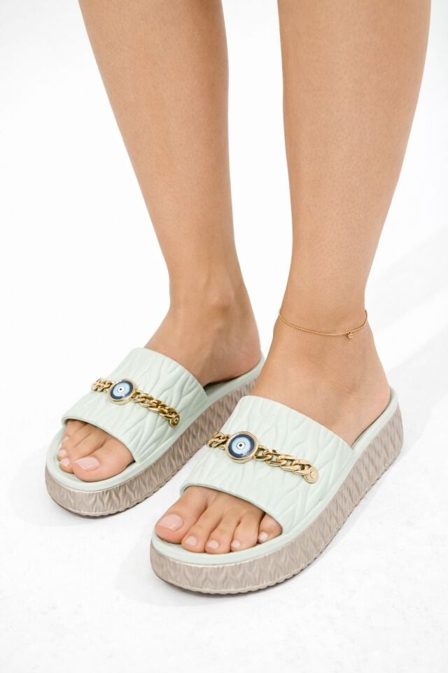 Nazar Zincir Detaylı Platform Kalın Taban Gold Zincirli Günlük Kadın Terlik SU YEŞİLİ - 40