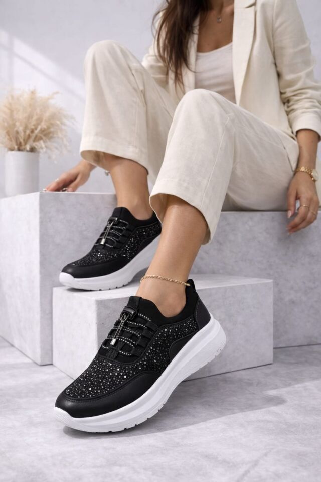 Kadın Taş İşlemeli Akıllı Bağcıklı Sneaker Kalın Taban Spor Ayakkabı