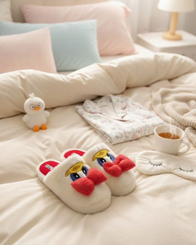 Sevimli Fiyonklu Duffy Ördek Figürlü Nakış İşlemeli Ses Yapmaz Kaymaz Tabanlı Ev Terliği KIRMIZI - 38-39