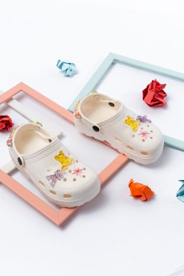 Jelibonlu  Boncuklu Kız Çocuk Sandalet-Terlik KREM - 33