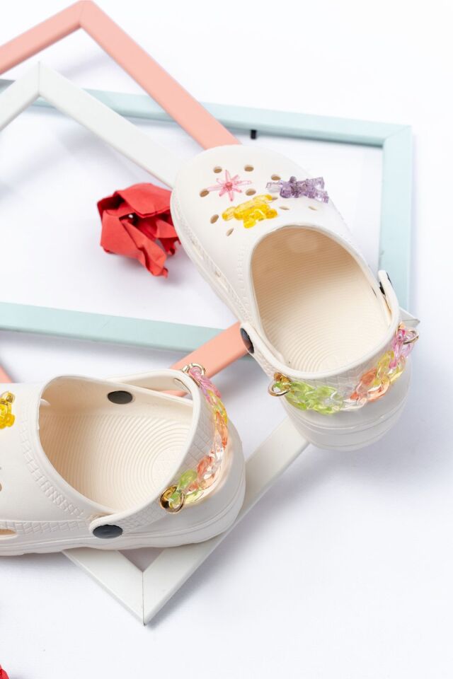 Jelibonlu  Boncuklu Kız Çocuk Sandalet-Terlik KREM - 33