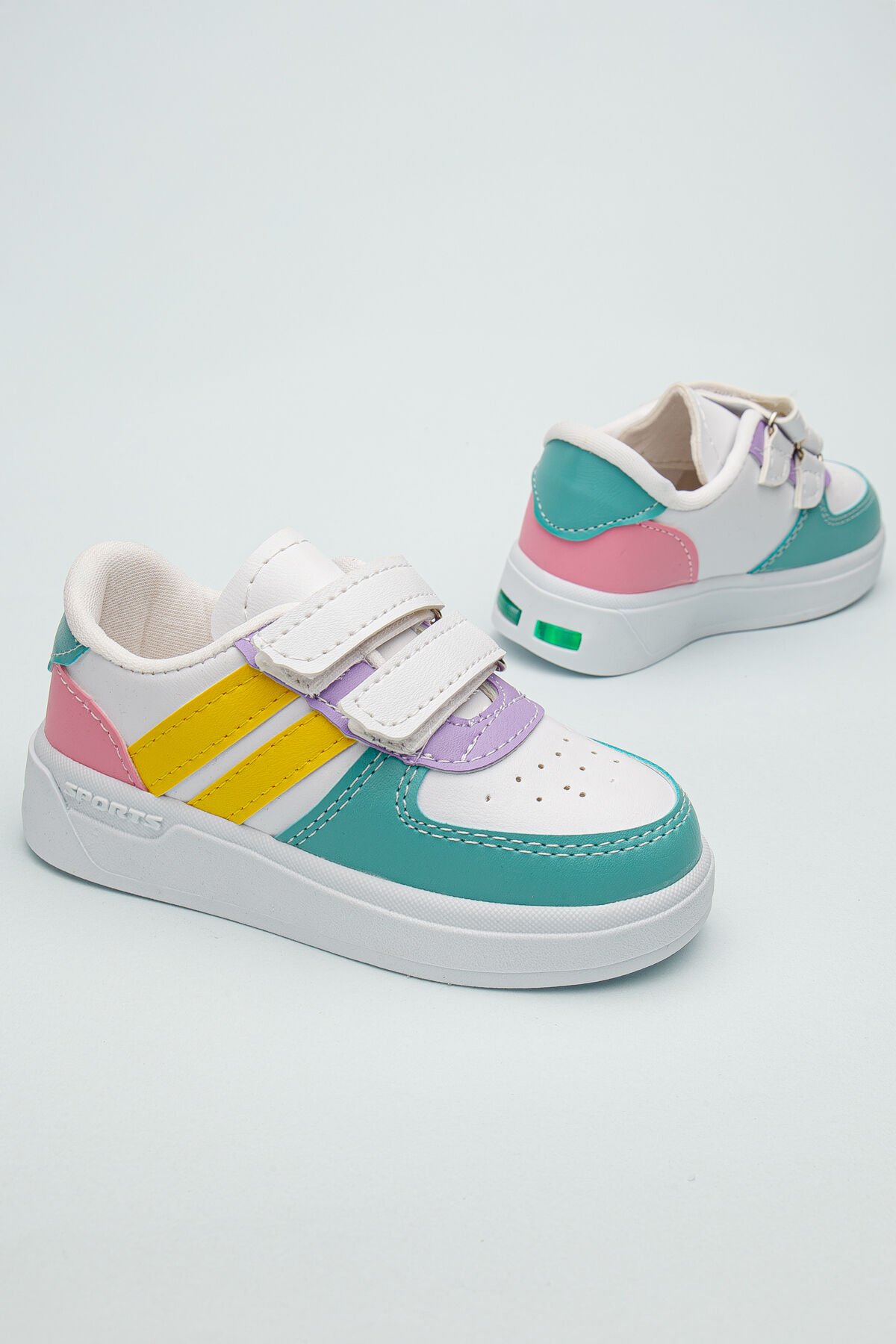 Kids Rahat Unisex Bebek Cırt Cırtlı Işıklı Çocuk Sneaker -Spor Ayakkabı LİLA-YEŞİL - 27