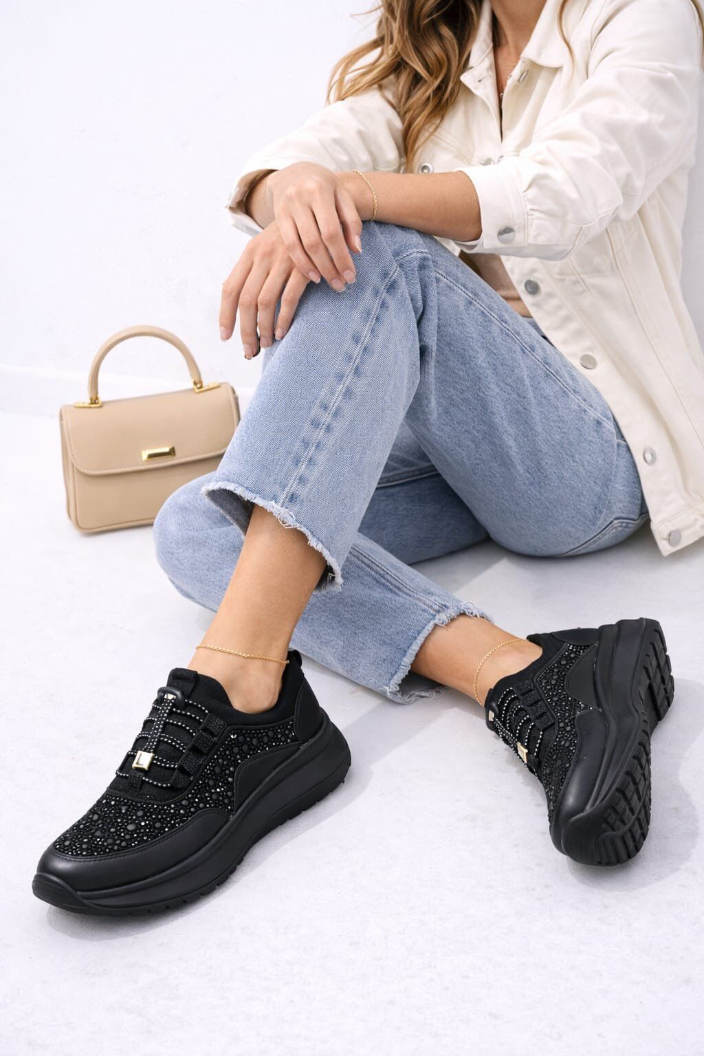 Kadın Taş İşlemeli Akıllı Bağcıklı Sneaker Kalın Taban Spor Ayakkabı SİYAH-SİYAH - 40