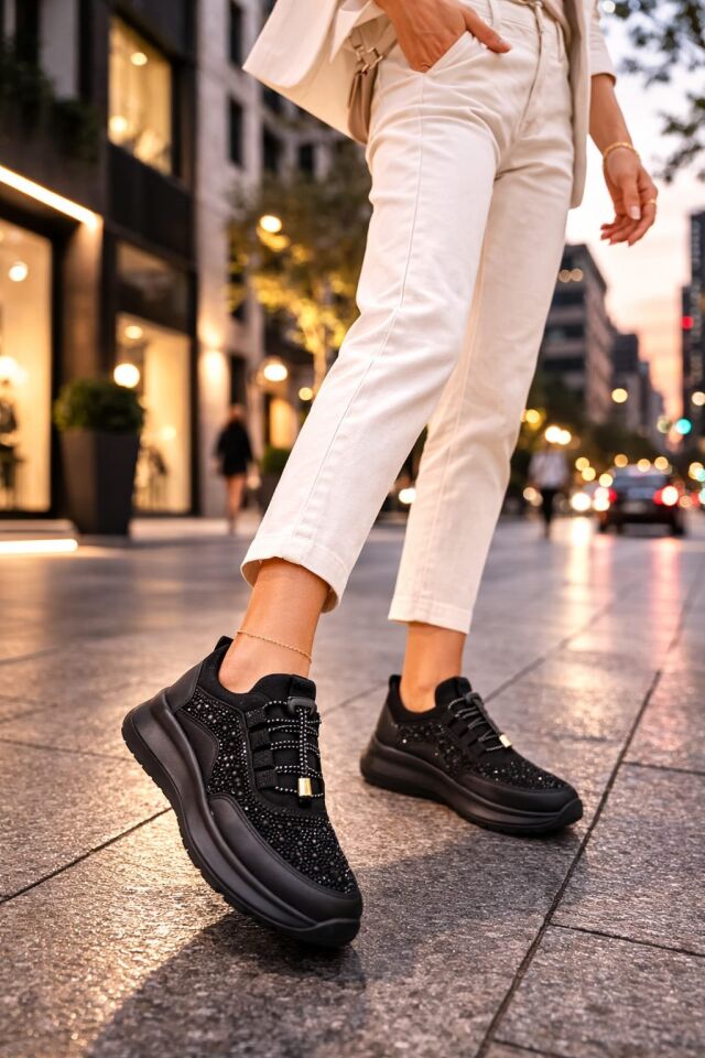 Kadın Taş İşlemeli Akıllı Bağcıklı Sneaker Kalın Taban Spor Ayakkabı SİYAH-SİYAH - 40